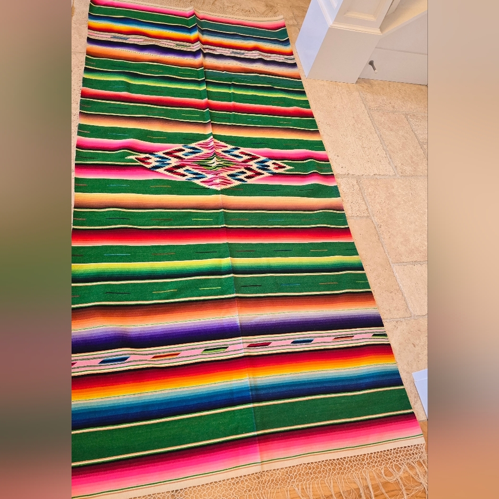 Antique Mexican Saltillo Wool Textile Runner Blanket Throw Sarape Rug